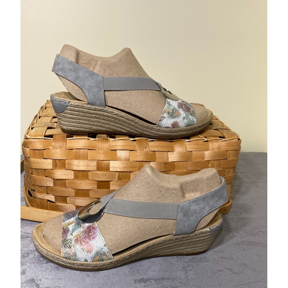 Rieker Antistress Floral Metallic Grey Wedge Espadrille Sandals 42 V8502-42